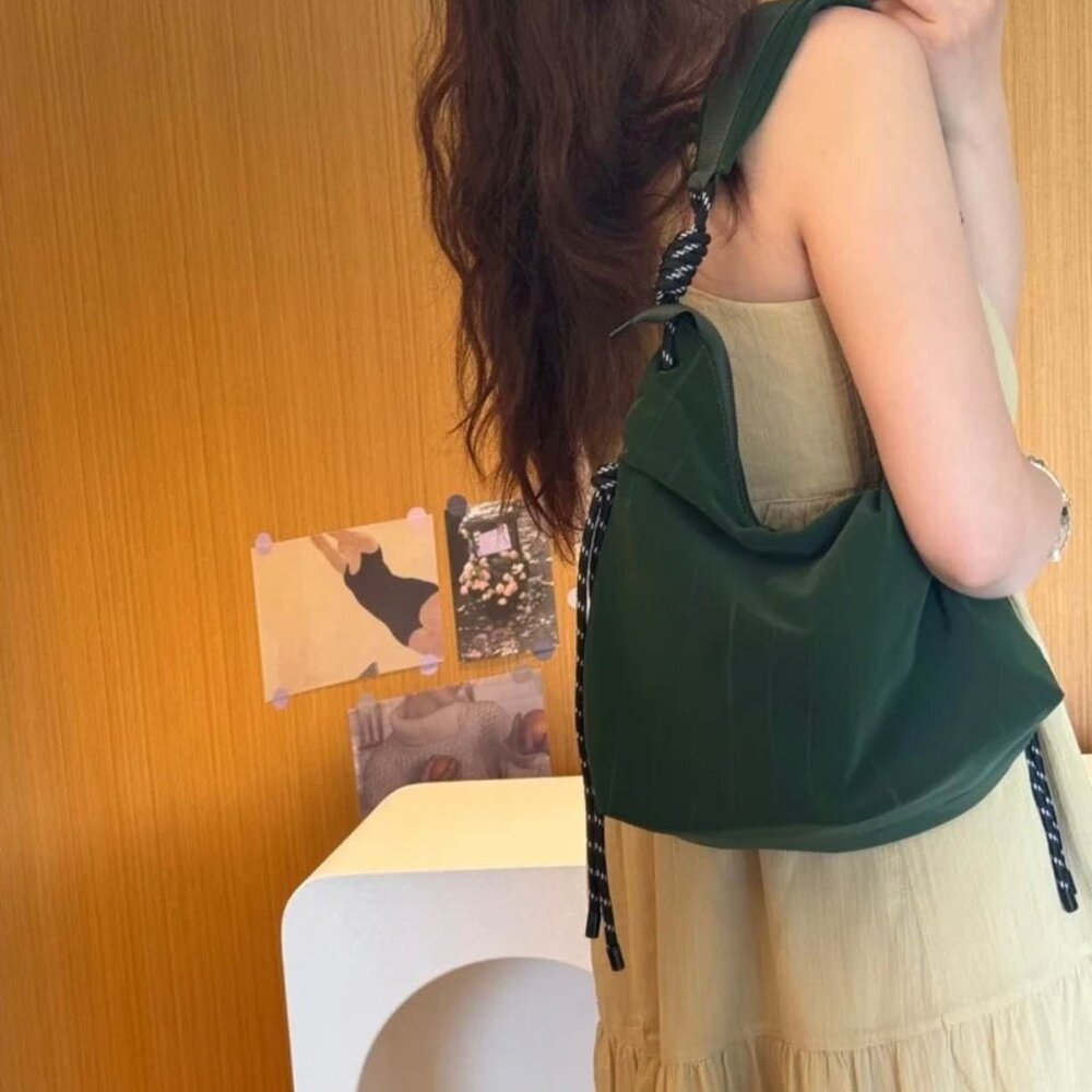 brand new green nylon drawstring shoulder bag
